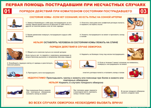 Таблица "Порядок действий при коматозном состоянии пострадавшего" (100х140 сантиметров, винил) - fgospostavki.ru - Апатиты