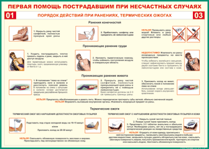 Таблица "Порядок действий при ранениях и термических ожогах" (100х140 сантиметров, винил) - fgospostavki.ru - Апатиты